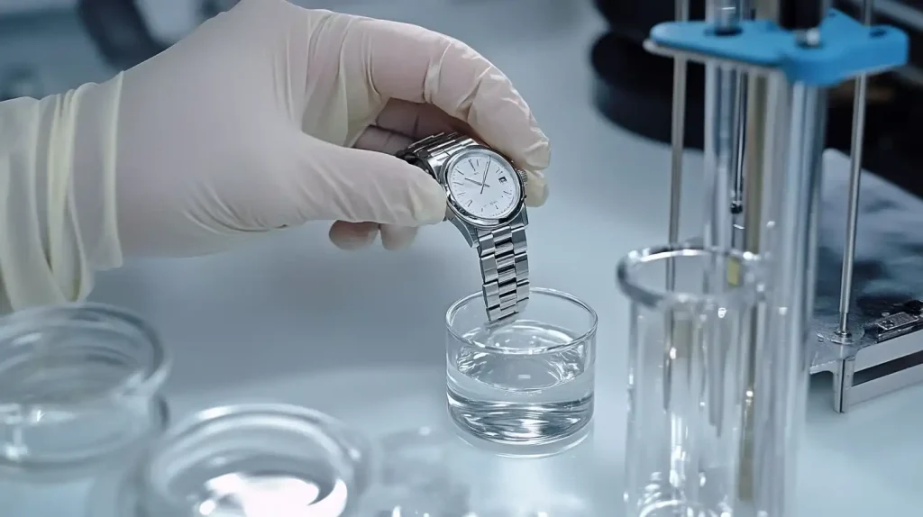 Metal watch band undergoing nickel release testing in a sterile lab environment.