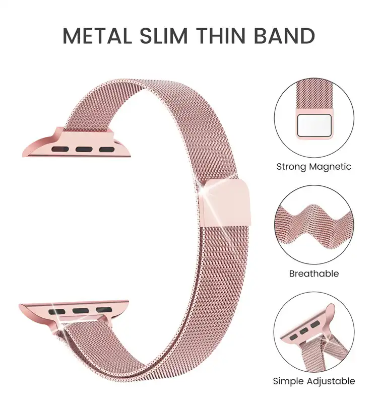 Strong magnetic loop closure on a stainless steel apple watch band for easy size adjustment.