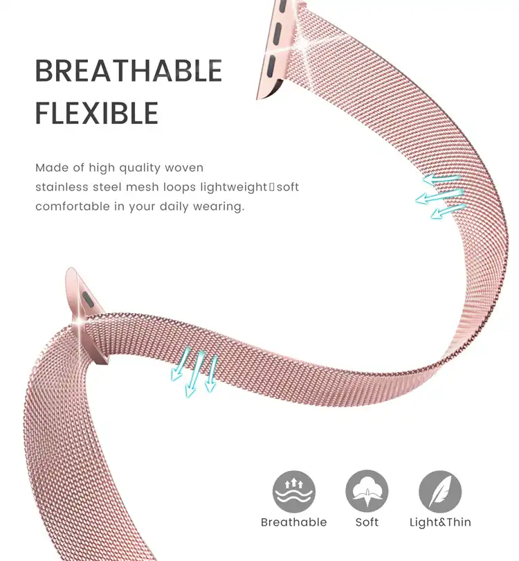 Detailed mesh structure of a milanese band showing air-flow gaps for skin comfort.
