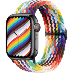 Premium braided nylon watch bands for Apple Watch in rainbow, high-quality adjustable sport straps.
