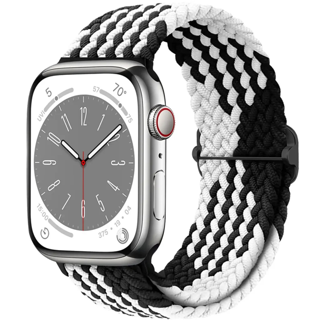 Premium braided nylon watch bands for Apple Watch in white black,high-quality adjustable sport straps.