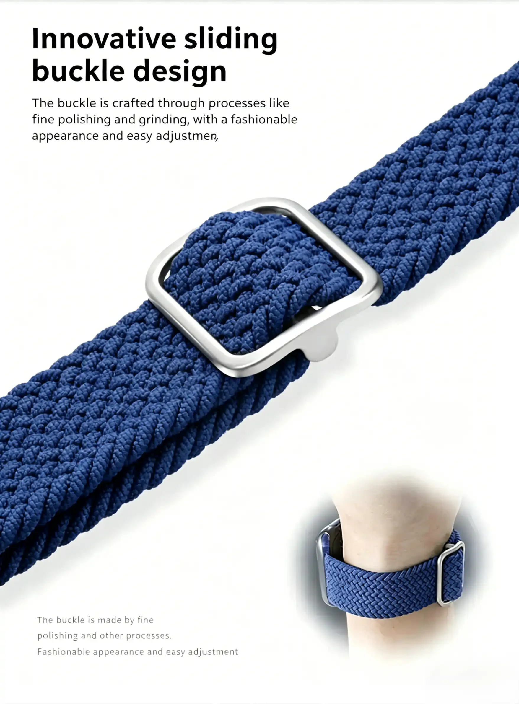 Detail of adjustable slider buckle on braided apple watch nylon bands for a perfect fit.