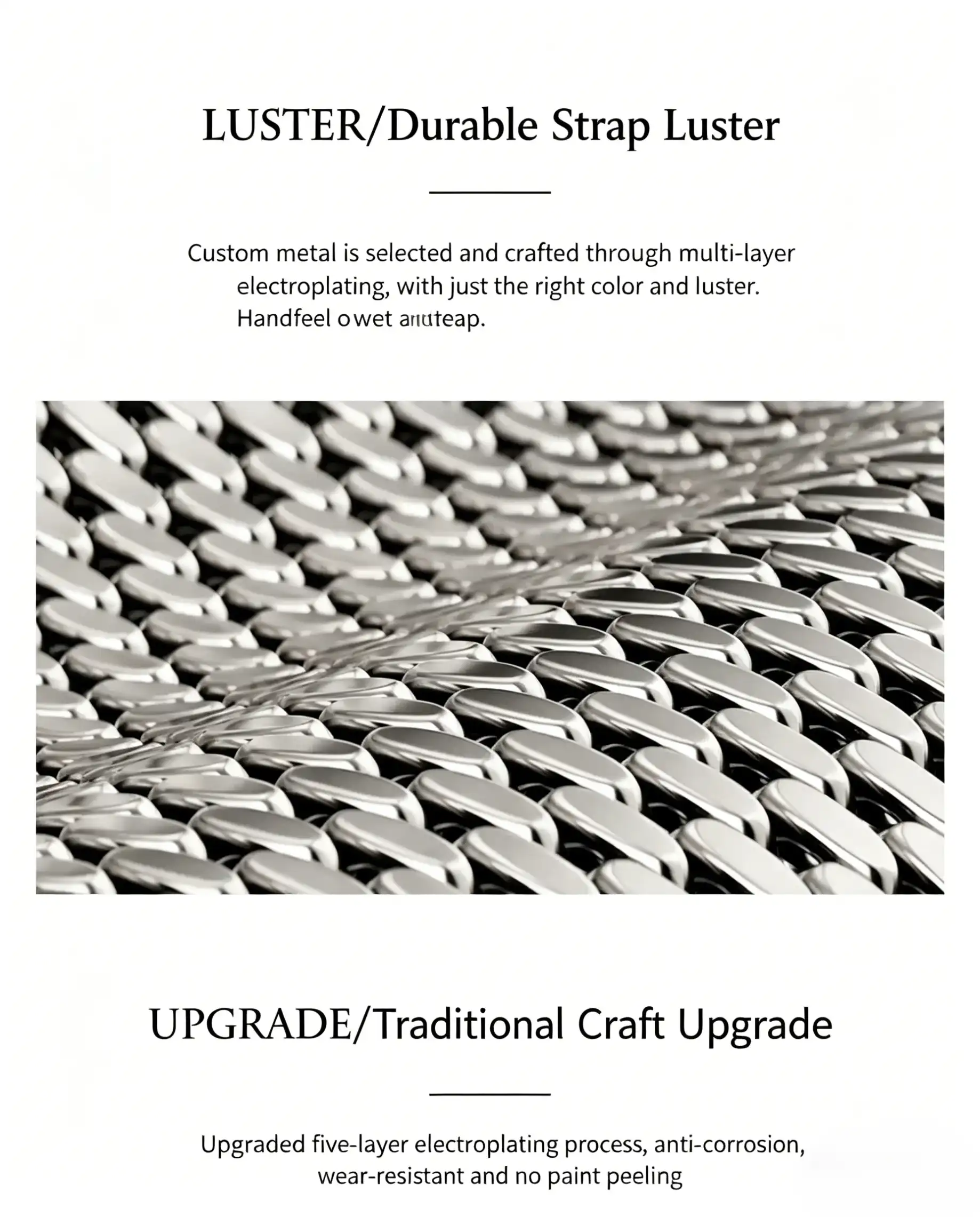 Close-up of a silver metal apple watch band with 5-layer electroplating for anti-fade protection.