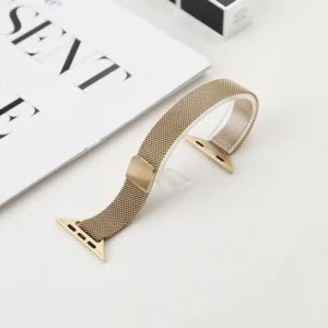 Gold Premium Stainless Steel Milanese Metal Apple Watch Band with magnetic clasp.